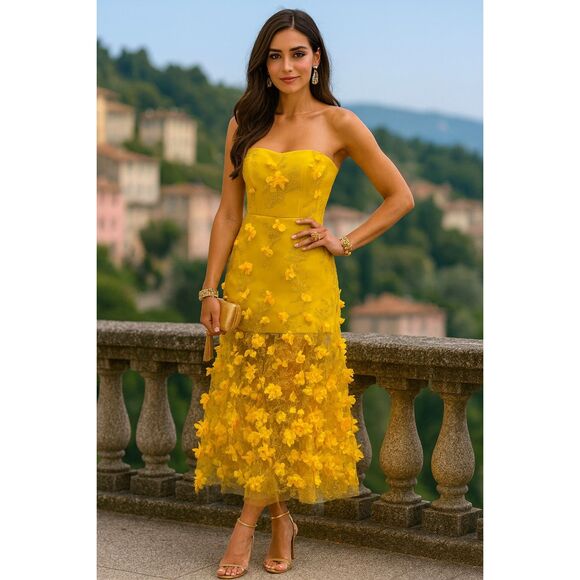 HELSI Yellow 3D Floral Appliqué Strapless Midi Dress Cocktail Party Forma Size X - Picture 1 of 6